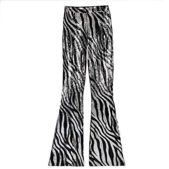 Pants - NASTY GAL ZEBRA SEQUIN FLARE PANTS 90's Y2K FIERCE GLAM BODYCON SIZE 6